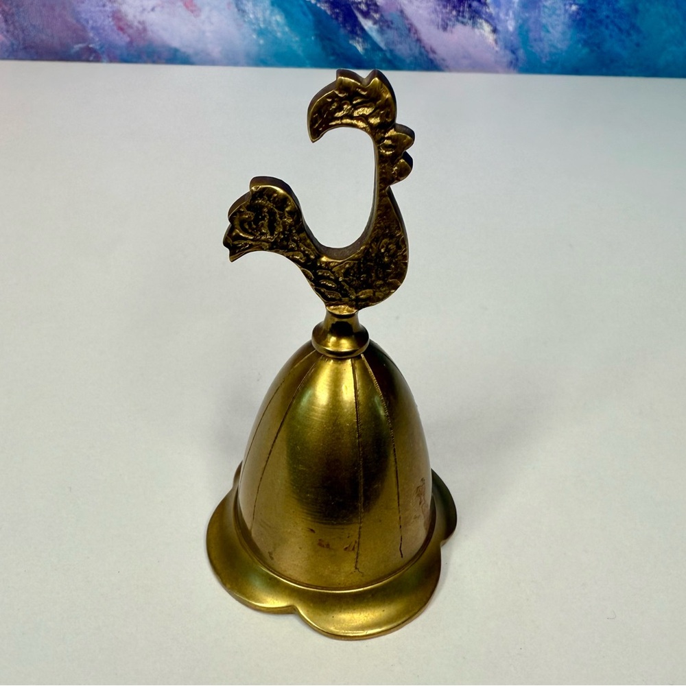 Rooster Bell Hammered Gold Tone Brass Metal Vintage Small Table Bell Brutalist